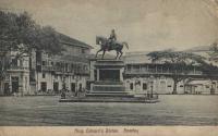 A black and white vintage postcard of King Edwards statue, Bombay